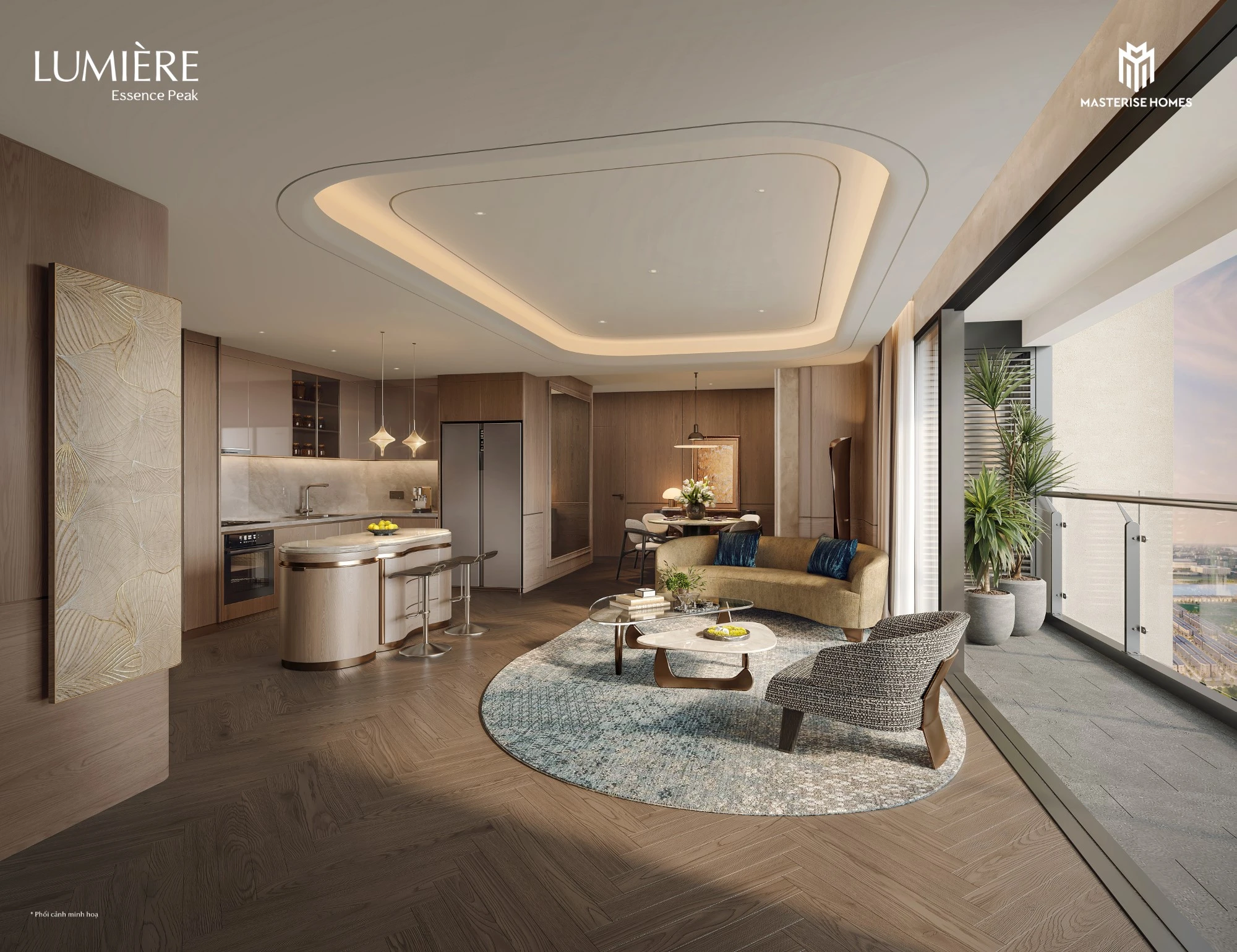 Phòng khách liền bếp và ban công tòa Y2 LUMIÈRE Essence Peak