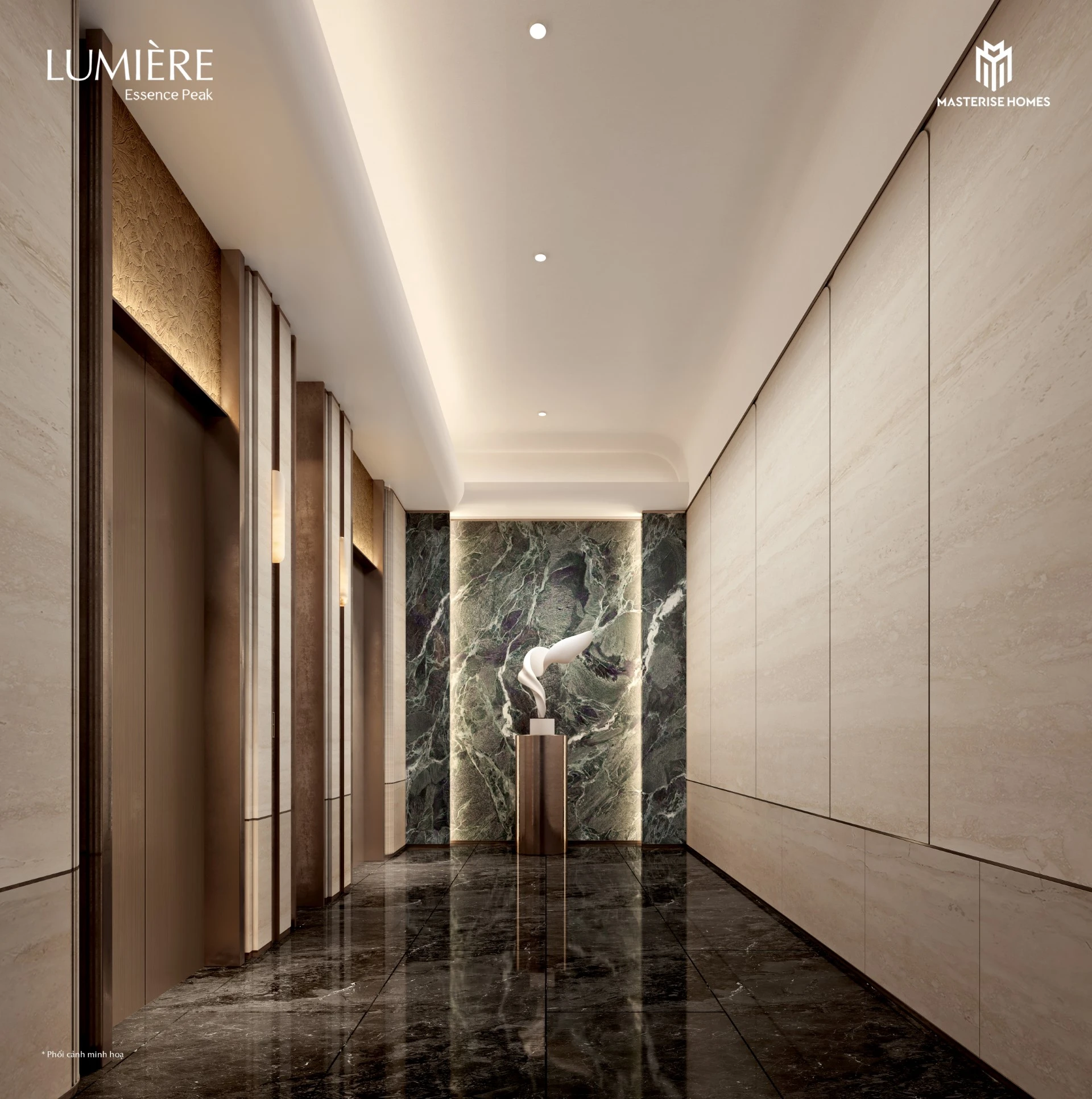 Phối cảnh Private Lift Lobby – sảnh thang máy riêng thuộc nhóm tiện ích đặc quyền dành cho căn hộ đặc biệt tại LUMIÈRE Essence Peak.