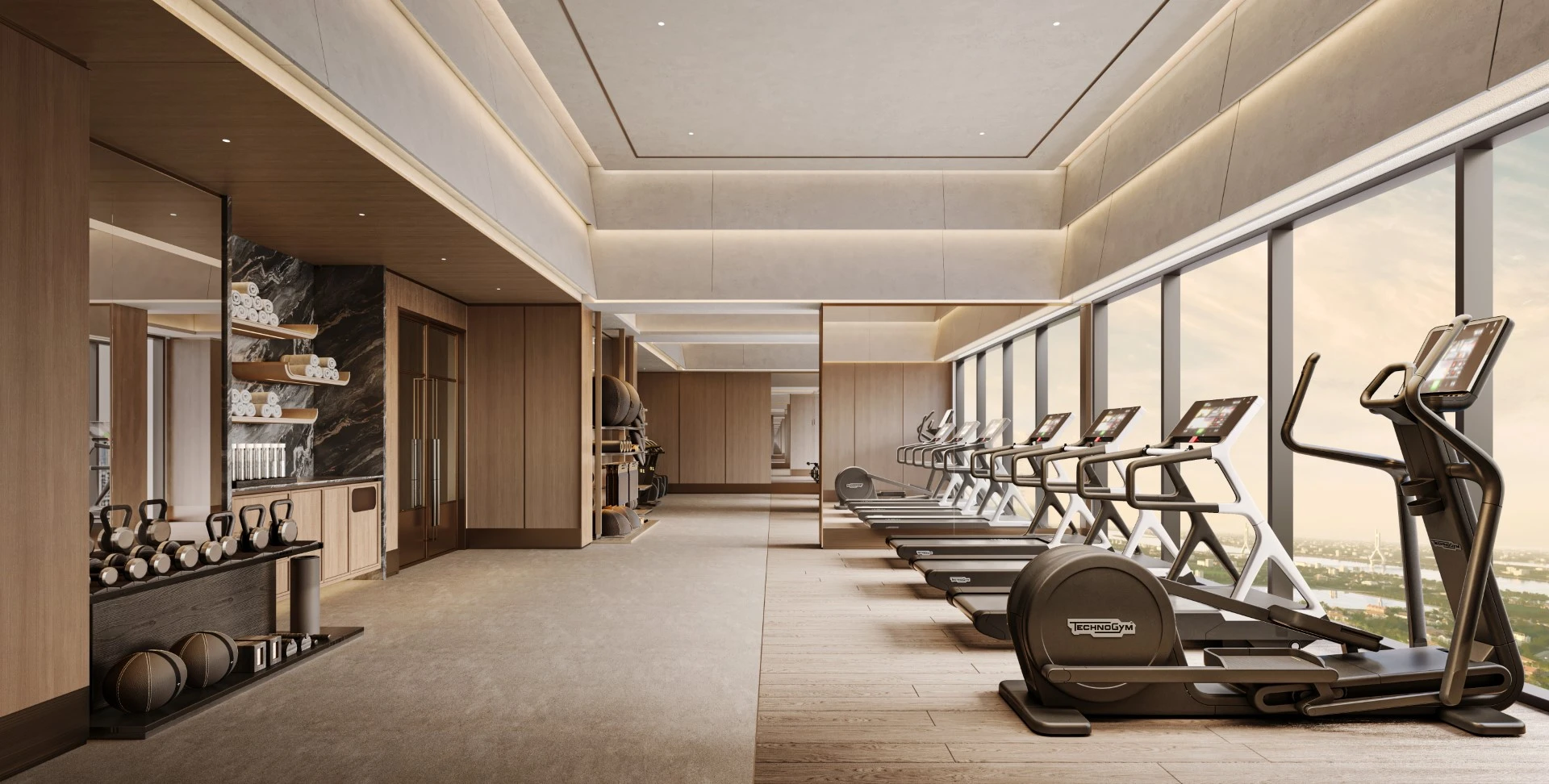 Phối cảnh phòng gym với thiết bị tập luyện và hệ cửa kính lớn tại LUMIÈRE Essence Peak.